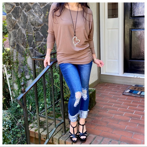 MOCHA DOLMAN BOATNECK 3/4 SLEEVES TUNIC TOP - Picture 8 of 15